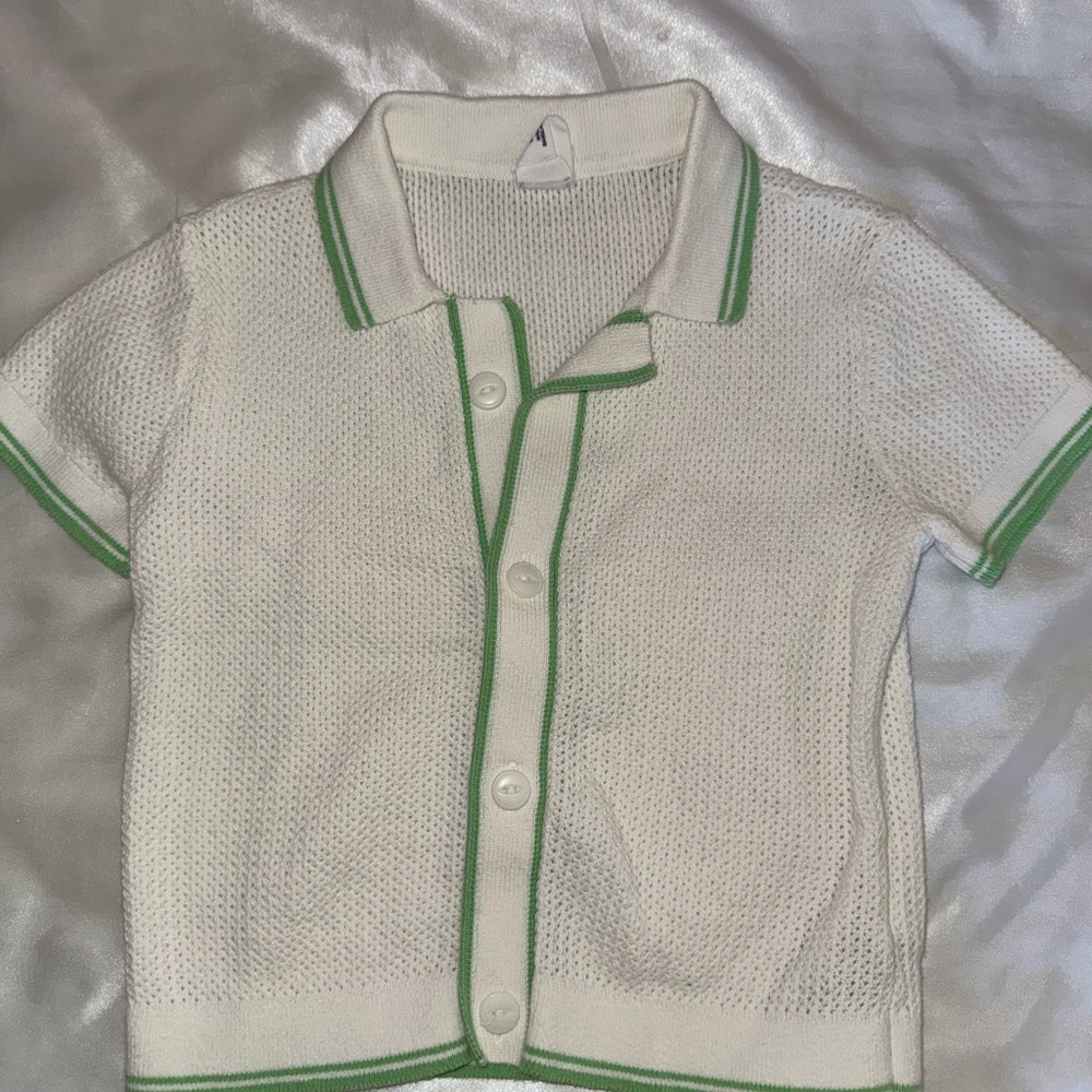 GAP White Short-Sleeve Knit Polo Cardigan with Green Trim